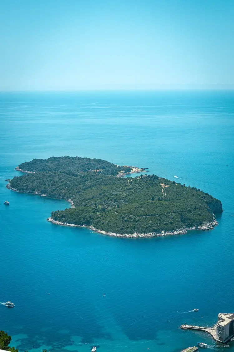 Aerial view of Lokrum island surrounded by turquoise sea